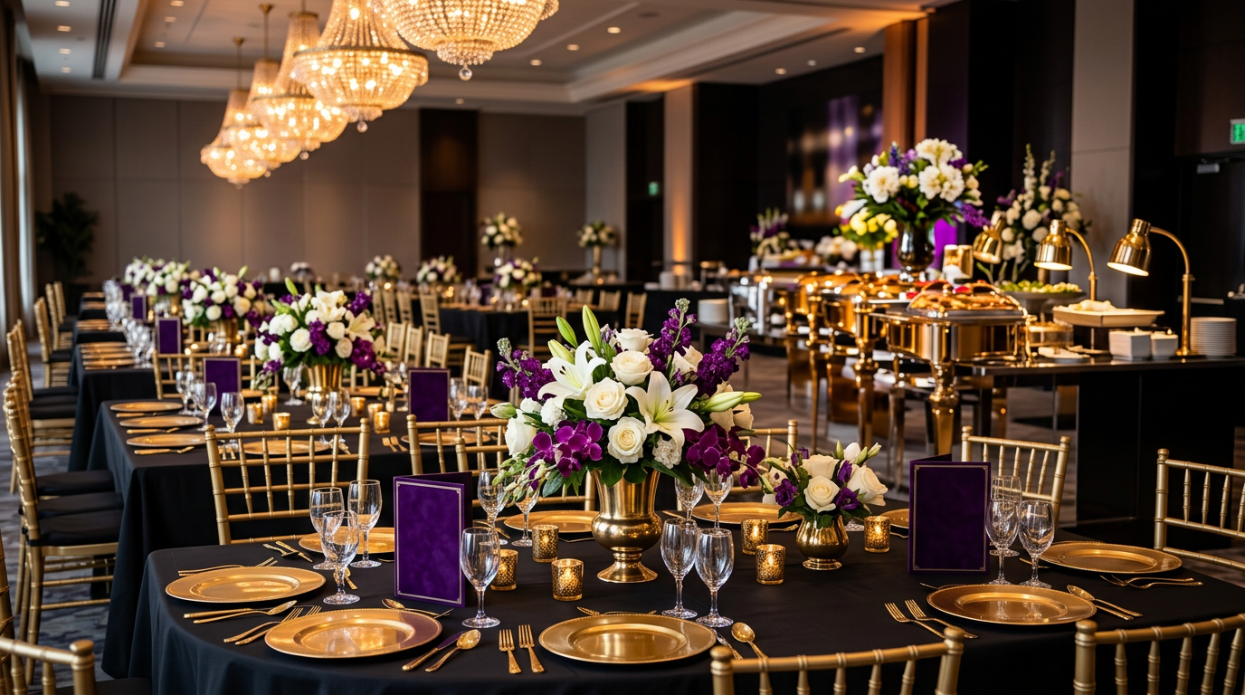 Black and gold banquet tables with floral centerpieces